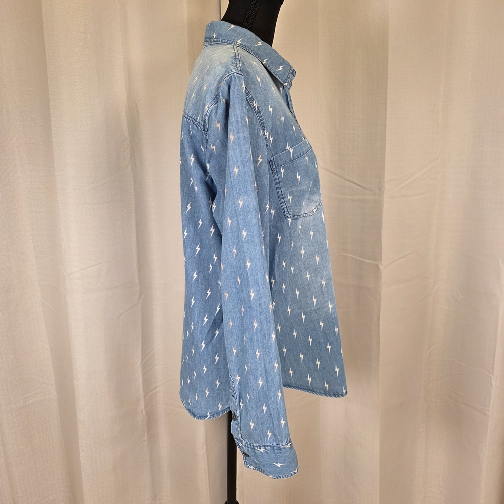 Vans Light Blue Denim Button-Up Shirt with White Lightning Print - Picture 4 of 11